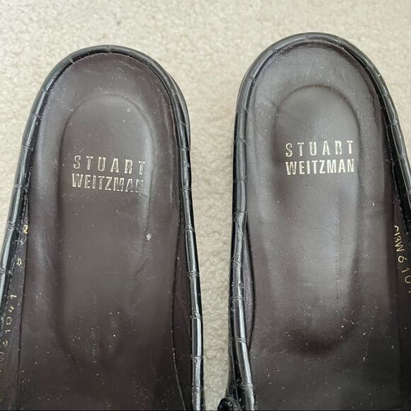 Stuart Weitzman Black Crocodile Patent Leather Block Heel Mules Shoes 8 Narrow - Picture 5 of 11